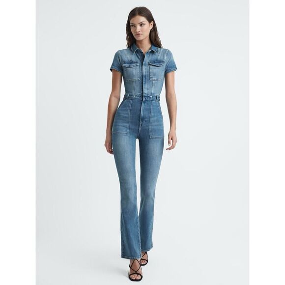 Good American Denim Short Sleeve Jumpsuit Size 4 Zip Front Flare Legs Blue - Picture 2 of 16